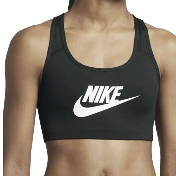 Nike Pro Sport Bra Women's Medium Support Classic Swoosh Training Top Black Logo - Picture 2 of 8
